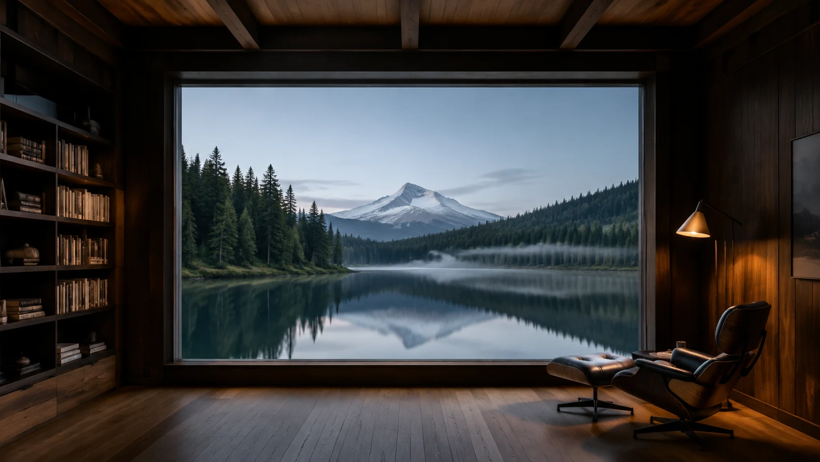 A mountain lake viewed through the window of a quiet timber room